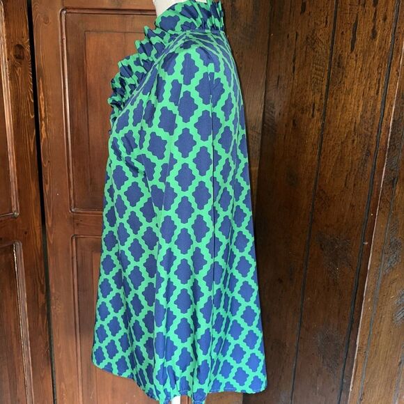 MUD PIE Long Tunic Top Women's Blue Green Ruffle Neck Size Small (4-6) EUC - Picture 3 of 5